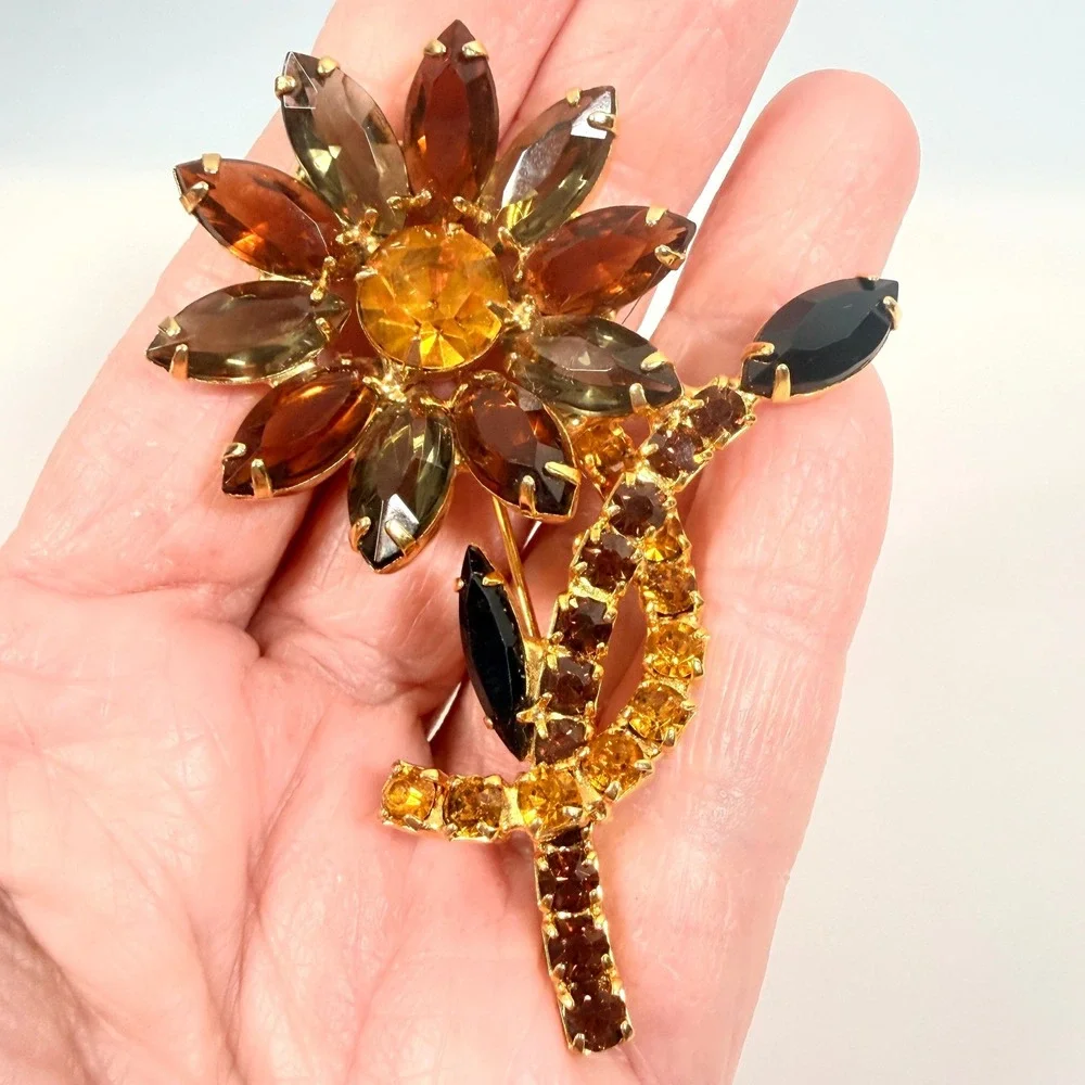 Vintage Flower Brooch Gold Tone Amber Brown Rhinestone Open Back 3 Inch Floral